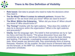 Supply Chain Insights LLC Copyright © 2015, p. 60
• Role based. Get data to people who need to make the decisions when
they need it.
• The So What? When it comes to network partners. Answer the
question of "Do we know what you know? When we need to know?"
• The What. Within the Enterprise. "When did you know it? When should
you know it? Who should know it?"
• The Timing? Visibility with the right cadence. "How does the visibility of
data tie to decisions within the organization? What is the right cadence
and granularity?"
• Clarity. Get the language right. The belief is that sometimes we try to "get
too fancy and lose the basics." The group discussion focus was that
sometimes we get into a tool driven discussion versus the basic blocking
and tackling. For example, a packaging company discussed demand
data. When people say demand data, they automatically think of sharing
forecasts. However, for the supplier, the best source of demand data was
not the forecast, or the MRP run. Instead, it was the downstream partners
production schedules.
There is No One Definition of Visibility
 