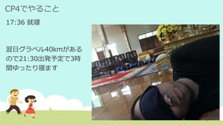 CP4でやること
17:36 就寝
翌日グラベル40kmがある
ので21:30出発予定で3時
間ゆったり寝ます
 