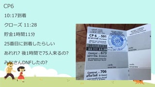 CP6
10:17到着
クローズ 11:28
貯金1時間11分
25番目に到着したらしい
あれれ? 後1時間で75人来るの?
みなさんDNFしたの?
 