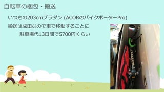 自転車の梱包・搬送
いつもの203cmプラダン (ACORのバイクポーターPro)
搬送は成田なので車で移動することに
駐車場代13日間で5700円くらい
 