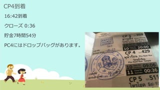 CP4到着
16:42到着
クローズ 0:36
貯金7時間54分
PC4にはドロップバッグがあります。
 