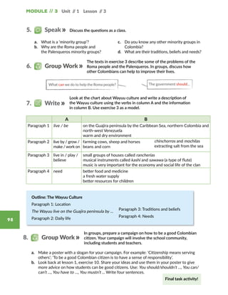 Module // 3 Unit // 1 Lesson // 3
98
Discuss the questions as a class.
a.	 What is a ‘minority group’?
b.	 Why are the Roma people and
the Palenqueros minority groups?
c.	 Do you know any other minority groups in
Colombia?
d.	 What are their traditions, beliefs and needs?
5.   Speak
Look at the chart about Wayuu culture and write a description of
the Wayuu culture using the verbs in column A and the information
in column B. Use exercise 3 as a model.
Outline: The Wayuu Culture
Paragraph 1: Location
The Wayuu live on the Guajira peninsula by …
Paragraph 2: Daily life
Paragraph 3: Traditions and beliefs
Paragraph 4: Needs
The texts in exercise 3 describe some of the problems of the
Roma people and the Palenqueros. In groups, discuss how
other Colombians can help to improve their lives.
What can we do to help the Roma people? The government should…
7.   Write
6.   Group Work
A B
Paragraph 1 live / be on the Guajira peninsula by the Caribbean Sea, northern Colombia and
north-west Venezuela
warm and dry environment
Paragraph 2 live by / grow /
make / work on
farming cows, sheep and horses
beans and corn
Paragraph 3 live in / play /
believe
small groups of houses called rancherías
musical instruments called kashi and sawawa (a type of flute)
music is very important for the economy and social life of the clan
Paragraph 4 need better food and medicine
a fresh water supply
better resources for children
chinchorros and mochilas
extracting salt from the sea
a.	 Make a poster with a slogan for your campaign. For example: ‘Citizenship means serving
others’; ‘To be a good Colombian citizen is to have a sense of responsibility’.
b.	 Look back at lesson 1, exercise 10. Share your ideas and use them in your poster to give
more advice on how students can be good citizens. Use: You should/shouldn’t …, You can/
can’t …, You have to …, You mustn’t ... Write four sentences.
In groups, prepare a campaign on how to be a good Colombian
citizen. Your campaign will involve the school community,
including students and teachers.
8.   Group Work
Final task activity!
 