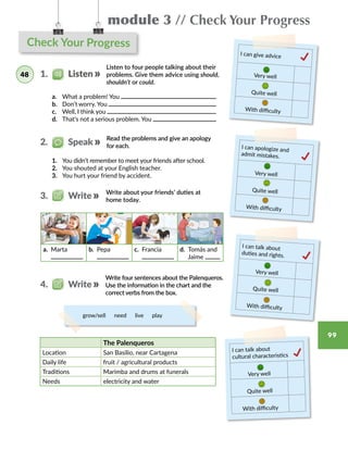 module 3 // Check Your Progress
99
Check Your Progress
Read the problems and give an apology
for each.
a.	 What a problem! You
b.	 Don’t worry. You
c.	 Well, I think you
d.	 That’s not a serious problem. You
Listen to four people talking about their
problems. Give them advice using should,
shouldn’t or could.
Write about your friends’ duties at
home today.
Write four sentences about the Palenqueros.
Use the information in the chart and the
correct verbs from the box.
I can give advice
Very well
Quite well
With difficulty
I can apologize and
admit mistakes.
Very well
Quite well
With difficulty
I can talk about
duties and rights.
Very well
Quite well
With difficulty
1.	 You didn’t remember to meet your friends after school.
2.	 You shouted at your English teacher.
3.	 You hurt your friend by accident.
1.   Listen
3.   Write
4.   Write
grow/sell  need  live  play
The Palenqueros
Location San Basilio, near Cartagena
Daily life fruit / agricultural products
Traditions Marimba and drums at funerals
Needs electricity and water
I can talk about
cultural characteristics
Very well
Quite well
With difficulty
a. Marta b. Pepa c. Francia d. Tomás and
Jaime
48
2.   Speak
 