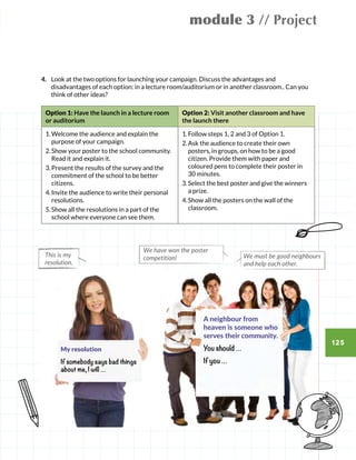 module 3 // Project
125
A neighbour from
heaven is someone who
serves their community.
You should …
If you …
My resolution
If somebody says bad things
about me, I will …
We have won the poster
competition!
4.	 Look at the two options for launching your campaign. Discuss the advantages and
disadvantages of each option: in a lecture room/auditorium or in another classroom.. Can you
think of other ideas?
Option 1: Have the launch in a lecture room
or auditorium
Option 2: Visit another classroom and have
the launch there
1.	Welcome the audience and explain the
purpose of your campaign.
2.	Show your poster to the school community.
Read it and explain it.
3.	Present the results of the survey and the
commitment of the school to be better
citizens.
4.	Invite the audience to write their personal
resolutions.
5.	Show all the resolutions in a part of the
school where everyone can see them.
1.	Follow steps 1, 2 and 3 of Option 1.
2.	Ask the audience to create their own
posters, in groups, on how to be a good
citizen. Provide them with paper and
coloured pens to complete their poster in
30 minutes.
3.	Select the best poster and give the winners
a prize.
4.	Show all the posters on the wall of the
classroom.
We must be good neighbours
and help each other.
This is my
resolution.
 