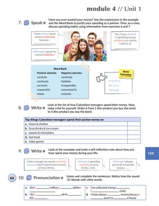 module 4 // Unit 1
135
Word Bank
Positive adverbs: Negative adverbs:
carefully carelessly
cautiously foolishly
correctly irresponsibly
responsibly unnecessarily
wisely unwisely
Have you ever wasted your money? Use the expressions in the example
and the Word Bank to justify your spending to a partner. Then, as a class,
discuss spending habits using information from exercises 6 and 7.
7.   Speak
I often manage my money correctly
because I don’t spend much money
on fizzy drinks.
Instead of spending
unwisely on fizzy
drinks, I will…
Although I always
spend all my pocket
money, ……
Instead of…
Because…
Although…
Look at the list of how Colombian teenagers spend their money. Now,
make a list for yourself. Order it from 1 (the product you buy the most)
to 5 (the product you buy the least).
Look at the examples and write a self-reflection note about how you
have spent your money during your life.
8.   Write
9.   Write
Top things Colombian teenagers spend their pocket money on
a.  shoes  clothes	
b.  fizzy drinks  ice-cream	
c.  sweets  chocolates
d.  fast food
e.  video games
Listen and complete the sentences. Notice how the sound
/S/ blends with other words.
10.   Pronunciation62
a.	 She’s millions dollars
 .
b.	 He’s all his
this  .
c.	 I’ve collected stamps
I child.
d.	 I have always money because
want to a house
Yes, I have. Instead
of spending money
carelessly on snacks,
I will try to
I have always spent
money cautiously
because…
Although I spend my
money foolishly, I
 