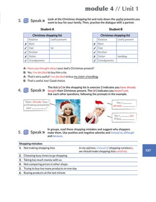 module 4 // Unit 1
137
Look at the Christmas shopping list and note down the useful presents you
want to buy for your family. Then, practise the dialogue with a partner.
The tick (✔) in the shopping list in exercise 3 indicates you have already
bought their Christmas present. The ( ✘ ) indicates you haven’t yet.
Ask each other questions, following the prompts in the example.
In groups, read these shopping mistakes and suggest why shoppers
make them. Use positive and negative adverbs and instead of, although
and because.
3.   Speak
4.   Speak
5.   Speak
Christmas shopping list Christmas shopping list
Relative Useful present Relative Useful present
✗ Mum ✗ Mum
✓ Dad tie ✓ Dad
✓ Brother ✓ Brother
✗ Sister ✗ Sister handbag
✓ Grandparents ✓ Grandparents
Student A Student B
A:  Have you thought about your dad’s Christmas present?
B: Yes. I’ve decided to buy him a tie.
A:  That’s very useful! I’ve decided to buy my sister a handbag.
B:  That’s useful, too! Good choice.
Have / already / buy /
a Christmas present for
your ?
Yes, I
already
No, I yet.
I’ll buy
Shopping mistakes
1.	 Not making shopping lists In my opinion, instead of shopping carelessly,
we should make shopping lists carefully.
2.	 Choosing busy times to go shopping
3.	 Taking too much money with us
4.	 Not comparing prices in other shops
5.	 Trying to buy too many products on one day
6.	 Buying products at the last minute
 