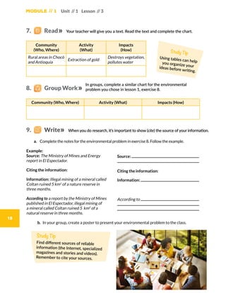 Module // 1 Unit // 1 Lesson // 3
18
Your teacher will give you a text. Read the text and complete the chart.
In groups, complete a similar chart for the environmental
problem you chose in lesson 1, exercise 8.
When you do research, it’s important to show (cite) the source of your information.
8.    Group Work
Community
(Who, Where)
Activity
(What)
Impacts
(How)
Rural areas in Chocó
and Antioquia
Extraction of gold
Destroys vegetation,
pollutes water
Community (Who, Where) Activity (What) Impacts (How)
Study Tip
Using tables can helpyou organize yourideas before writing.
Example:
Source: The Ministry of Mines and Energy
report in El Espectador.
Citing the information:
Information: Illegal mining of a mineral called
Coltan ruined 5 km2
of a nature reserve in
three months.
According to a report by the Ministry of Mines
published in El Espectador, illegal mining of
a mineral called Coltan ruined 5 km2
of a
natural reserve in three months.
Source:
Citing the information:
Information:
According to
a.	 Complete the notes for the environmental problem in exercise 8. Follow the example.
b.  In your group, create a poster to present your environmental problem to the class.
Study Tip
Find different sources of reliable
information (the Internet, specialized
magazines and stories and videos).
Remember to cite your sources.
7.   Read
9.    Write
 