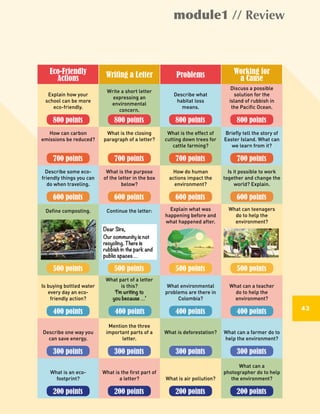 module1 // Review
4343
Eco-Friendly
Actions Writing a Letter Problems Working for
a Cause
Explain how your
school can be more
eco-friendly.
800 points
Write a short letter
expressing an
environmental
concern.
800 points
Describe what
habitat loss
means.
800 points
Discuss a possible
solution for the
island of rubbish in
the Pacific Ocean.
800 points
How can carbon
emissions be reduced?
700 points
What is the closing
paragraph of a letter?
700 points
What is the effect of
cutting down trees for
cattle farming?
700 points
Briefly tell the story of
Easter Island. What can
we learn from it?
700 points
Describe some eco-
friendly things you can
do when traveling.
600 points
What is the purpose
of the letter in the box
below?
600 points
How do human
actions impact the
environment?
600 points
Is it possible to work
together and change the
world? Explain.
600 points
Define composting.
500 points
Continue the letter:
500 points
Explain what was
happening before and
what happened after.
500 points
What can teenagers
do to help the
environment?
500 points
Is buying bottled water
every day an eco-
friendly action?
400 points
What part of a letter
is this?
‘I’m writing to
you because …’
400 points
What environmental
problems are there in
Colombia?
400 points
What can a teacher
do to help the
environment?
400 points
Describe one way you
can save energy.
300 points
Mention the three
important parts of a
letter.
300 points
What is deforestation?
300 points
What can a farmer do to
help the environment?
300 points
What is an eco-
footprint?
200 points
What is the first part of
a letter?
200 points
What is air pollution?
200 points
What can a
photographer do to help
the environment?
200 points
Dear Sirs,
Our community is not
recycling. There is
rubbish in the park and
public spaces …
43
 