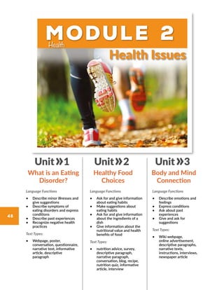 Module 2
Health Issues
Health
Language Functions
•	 Describe minor illnesses and
give suggestions
•	 Describe symptoms of
eating disorders and express
conditions
•	 Describe past experiences
•	 Recognize negative health
practices
Text Types:
•	 Webpage, poster,
conversation, questionnaire,
narrative text, informative
article, descriptive
paragraph
Language Functions
•	 Ask for and give information
about eating habits
•	 Make suggestions about
eating habits
•	 Ask for and give information
about the ingredients of a
dish
•	 Give information about the
nutritional value and health
benefits of food
Text Types:
•	 nutrition advice, survey,
descriptive paragraph,
narrative paragraph,
conversation, blog, recipe,
nutrition quiz, informative
article, interview
Language Functions
•	 Describe emotions and
feelings
•	 Express conditions
•	 Ask about past
experiences
•	 Give and ask for
suggestions
Text Types:
•	 Wiki webpage,
online advertisement,
descriptive paragraphs,
narrative texts,
instructions, interviews,
newspaper article
What is an Eating
Disorder?
Healthy Food
Choices
Body and Mind
Connection
Unit 1 Unit 2 Unit 3
48
 