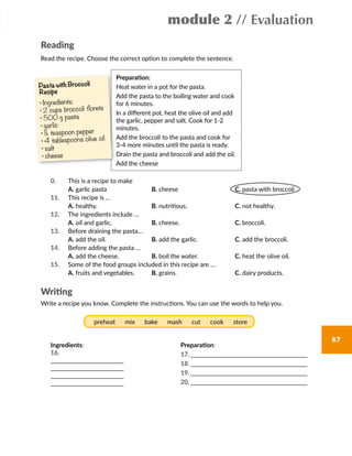 module 2 // Evaluation
87
Reading
Read the recipe. Choose the correct option to complete the sentence.
Preparation:
Heat water in a pot for the pasta.
Add the pasta to the boiling water and cook
for 6 minutes.
In a different pot, heat the olive oil and add
the garlic, pepper and salt. Cook for 1-2
minutes.
Add the broccoli to the pasta and cook for
3-4 more minutes until the pasta is ready.
Drain the pasta and broccoli and add the oil.
Add the cheese
0. This is a recipe to make
A. garlic pasta B. cheese C. pasta with broccoli
11. This recipe is …
A. healthy. B. nutritious. C. not healthy.
12. The ingredients include …
A. oil and garlic. B. cheese. C. broccoli.
13. Before draining the pasta…
A. add the oil. B. add the garlic. C. add the broccoli.
14. Before adding the pasta …
A. add the cheese. B. boil the water. C. heat the olive oil.
15. Some of the food groups included in this recipe are …
A. fruits and vegetables. B. grains. C. dairy products.
Writing
Write a recipe you know. Complete the instructions. You can use the words to help you.
Ingredients:
16.
______________________________
______________________________
______________________________
______________________________
Preparation:
17.	________________________________________________
18.	________________________________________________
19.	________________________________________________
20.	________________________________________________
preheat mix bake mash cut cook store
Pasta with Broccoli
Recipe
•	Ingredients:
•	2 cups broccoli florets
•	500 g pasta
•	garlic
•	½ teaspoon pepper
•	4 tablespoons olive oil
•	salt
•	cheese
 