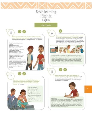 7
Basic Learning
Rights
English
8th Grade
5
Makes recommendations to people in his/her community
about what to do, when and how, based on daily situations in
his or her family life, school or local environment. For example:
Expresses emotions and feelings about a situation or
specific topic related to his/her family or school and
presents supporting reasons in a clear and simple
manner. For example:
Makes brief presentations on academic topics related
to his/her school environment or community including
in the presentation: relevant facts, specific details, and
specific vocabulary pertinent to the topic. Prior to giving
the presentation, the student prepares and receives advice
from his/her classmates and/or teacher. For example:
Briefly narrates current facts, daily situations or
personal experiences orally and in written form. To do
so, the student considers the sequence of actions and the
clarity of ideas and receives advice from classmates and/
or the teacher. For example:
7
6
8
Tomas: You should organize your
free time.
Eduardo: Really? How?
Tomas: You can make a schedule.
Eduardo: Really, is it helpful?
Tomas: Yes. I do it and it really helps
me to organize my time.
Eduardo: Thank you! I will try.
Tomas: I think that you really need
to do it as soon as possible.
Eduardo: Can you help me to do it?
Tomas: O.k. Do you want to start
right now?
Eduardo: It is O.k. I am free!
Tomas: First of all, you should know when
you are free and what activities you have
to do; then, you should plan the activities
according to their importance.
Eduardo: Oh! That’s a good idea! I am
going to do a list of my pending
activities.
Good morning! My purpose today is to talk about language. Language is
the ability to acquire and use the system of communication. There are about
5.000 to 7.000 languages in the world. When we communicate, we can use
words, symbols, gestures, movements, or images. It means that language
can be verbal (words: spoken or written) and symbolic (images, gestures,
movements, symbols). In conclusion, we use language to interact with other
people, to express our ideas, feelings and emotions.
Sara: I am really sad.
Julio: Why? What’s up?
Sara: My best friend has a
serious problem.
Julio: What kind of problem?
Sara: She has an eating disorder
called anorexia and I don’t know
how to help her.
Julio: Oh, dear! Let´s talk to our
teacher.
My first trip...
The first time I left my small town was when I went to the capital. We had
a school visit to a local newspaper printing plant to understand the process
of producing and printing the newspaper. When we finished the activity, we
went to a mall. It was exciting for me because I have never been to a mall
before. There were some things which surprised me because I have never
seen them, such as: the electronic stairs and the elevator. I was afraid first
but once I tried them, I really enjoyed it!
 