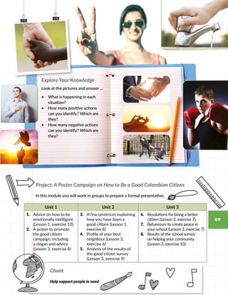 Project: A Poster Campaign on How to Be a Good Colombian Citizen
In this module you will work in groups to prepare a formal presentation.
Unit 1 Unit 2 Unit 3
1.	 Advice on how to be
emotionally intelligent
(Lesson 1, exercise 10)
2.	 A poster to promote
the good citizen
campaign, including
a slogan and advice
(Lesson 3, exercise 8)
3.	 A few sentences explaining
how you have been a
good citizen (Lesson 1,
exercise 8)
4.	 Profile of your best
neighbour (Lesson 3,
exercise 6)
5.	 Analysis of the results of
the good citizen survey
(Lesson 3, exercise 9)
6.	 Resolutions for being a better
citizen (Lesson 2, exercise 7).
7.	 Behaviours to create peace in
your school (Lesson 3, exercise 7)
8.	 Results of the school survey
on helping your community
(Lesson 3, exercise 10)
Explore Your Knowledge
Look at the pictures and answer …
•	 What is happening in each
situation?
•	 How many positive actions
can you identify? Which are
they?
•	 How many negative actions
can you identify? Which are
they?
Chant
Help support people in need
89
 