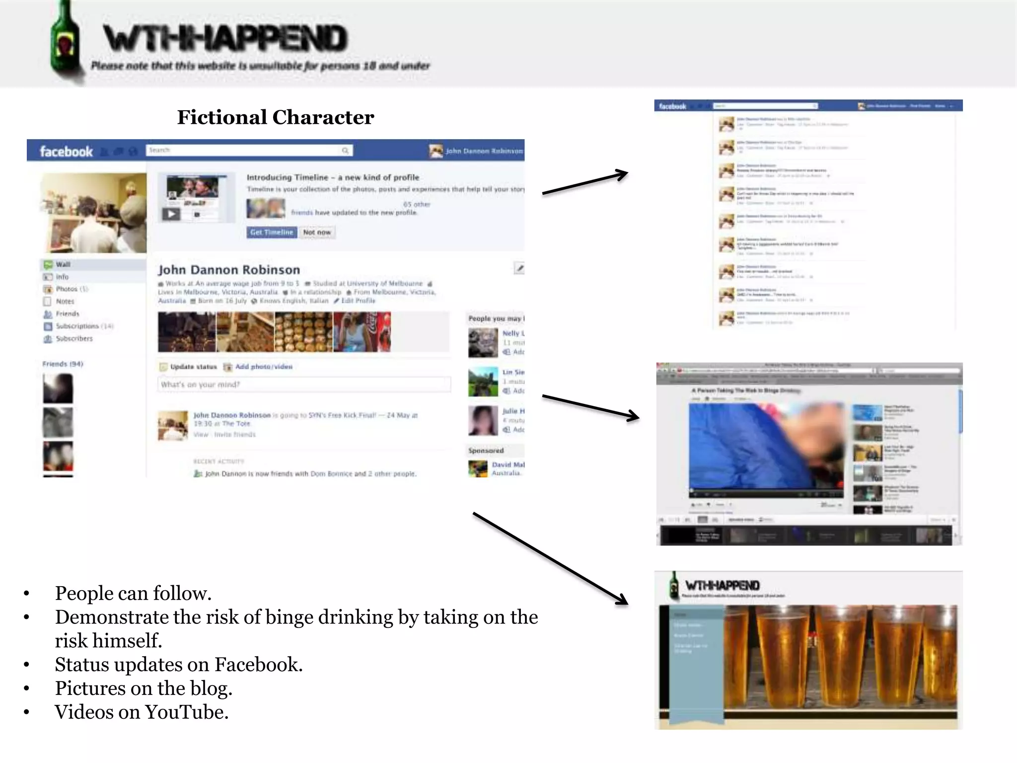 Fictional Character




•   People can follow.
•   Demonstrate the risk of binge drinking by taking on the
    risk himself.
•   Status updates on Facebook.
•   Pictures on the blog.
•   Videos on YouTube.
 