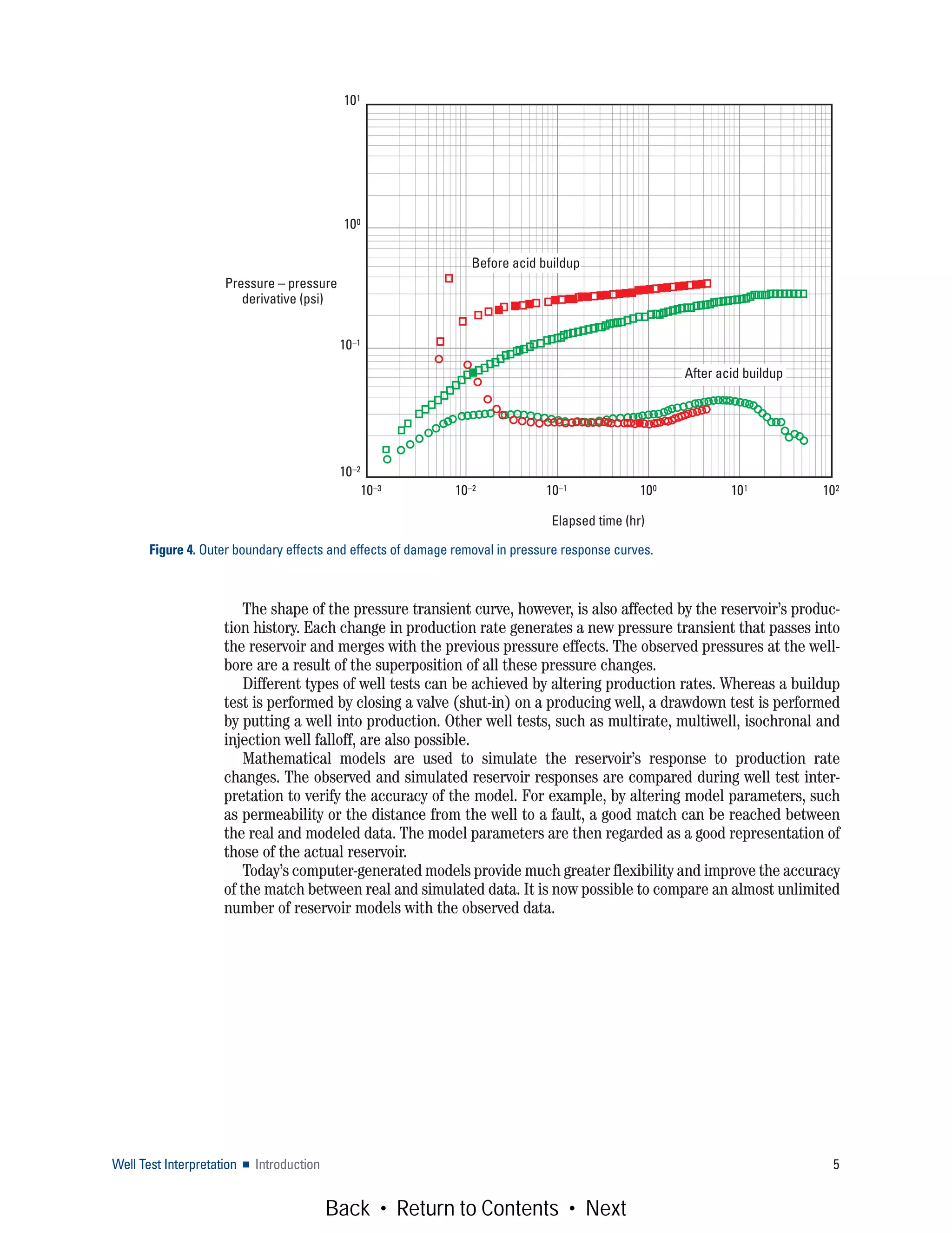 Well Test Interpretation ■ Introduction 5
The shape of the pressure transient curve, however, is also affected by the reservoir’s produc-
tion history. Each change in production rate generates a new pressure transient that passes into
the reservoir and merges with the previous pressure effects. The observed pressures at the well-
bore are a result of the superposition of all these pressure changes.
Different types of well tests can be achieved by altering production rates. Whereas a buildup
test is performed by closing a valve (shut-in) on a producing well, a drawdown test is performed
by putting a well into production. Other well tests, such as multirate, multiwell, isochronal and
injection well falloff, are also possible.
Mathematical models are used to simulate the reservoir’s response to production rate
changes. The observed and simulated reservoir responses are compared during well test inter-
pretation to verify the accuracy of the model. For example, by altering model parameters, such
as permeability or the distance from the well to a fault, a good match can be reached between
the real and modeled data. The model parameters are then regarded as a good representation of
those of the actual reservoir.
Today’s computer-generated models provide much greater flexibility and improve the accuracy
of the match between real and simulated data. It is now possible to compare an almost unlimited
number of reservoir models with the observed data.
Figure 4. Outer boundary effects and effects of damage removal in pressure response curves.
101
100
10–1
10–2
10–3 10–2 10–1 100 101 102
Elapsed time (hr)
Pressure – pressure
derivative (psi)
Before acid buildup
After acid buildup
Back • Return to Contents • Next
 