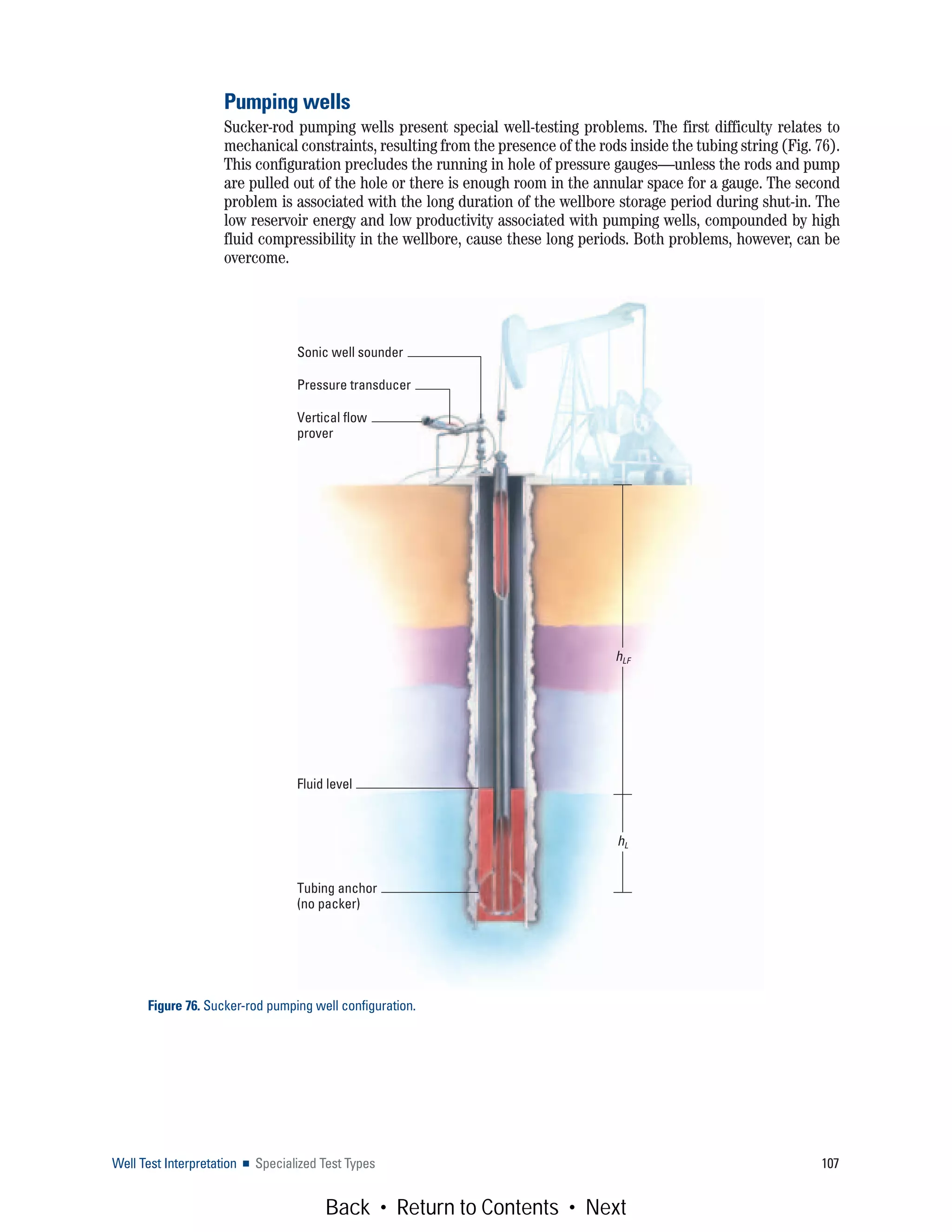 Well Test Interpretation ■ Specialized Test Types 107
Pumping wells
Sucker-rod pumping wells present special well-testing problems. The first difficulty relates to
mechanical constraints, resulting from the presence of the rods inside the tubing string (Fig. 76).
This configuration precludes the running in hole of pressure gauges—unless the rods and pump
are pulled out of the hole or there is enough room in the annular space for a gauge. The second
problem is associated with the long duration of the wellbore storage period during shut-in. The
low reservoir energy and low productivity associated with pumping wells, compounded by high
fluid compressibility in the wellbore, cause these long periods. Both problems, however, can be
overcome.
Figure 76. Sucker-rod pumping well configuration.
Sonic well sounder
Pressure transducer
Vertical flow
prover
Fluid level
Tubing anchor
(no packer)
hLF
hL
Back • Return to Contents • Next
 