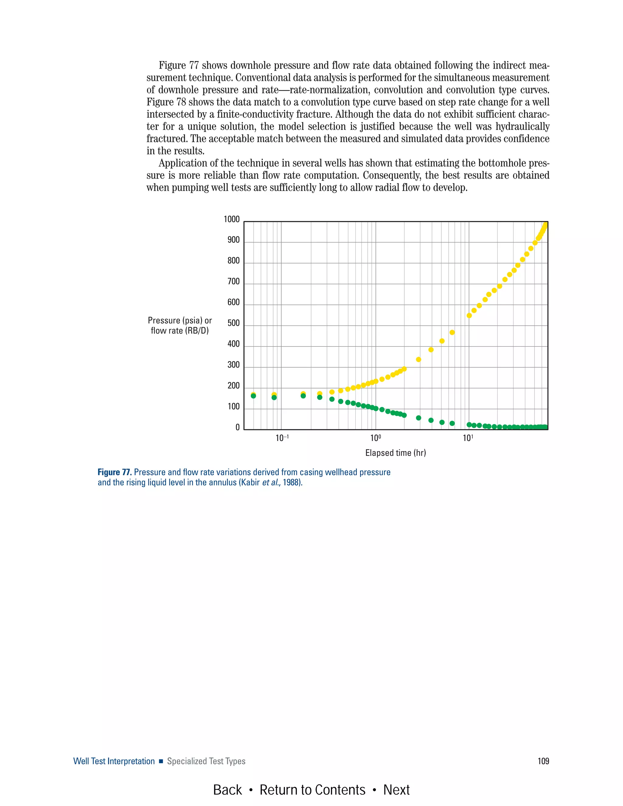 Well Test Interpretation ■ Specialized Test Types 109
Figure 77 shows downhole pressure and flow rate data obtained following the indirect mea-
surement technique. Conventional data analysis is performed for the simultaneous measurement
of downhole pressure and rate—rate-normalization, convolution and convolution type curves.
Figure 78 shows the data match to a convolution type curve based on step rate change for a well
intersected by a finite-conductivity fracture. Although the data do not exhibit sufficient charac-
ter for a unique solution, the model selection is justified because the well was hydraulically
fractured. The acceptable match between the measured and simulated data provides confidence
in the results.
Application of the technique in several wells has shown that estimating the bottomhole pres-
sure is more reliable than flow rate computation. Consequently, the best results are obtained
when pumping well tests are sufficiently long to allow radial flow to develop.
Figure 77. Pressure and flow rate variations derived from casing wellhead pressure
and the rising liquid level in the annulus (Kabir et al., 1988).
Elapsed time (hr)
Pressure (psia) or
flow rate (RB/D)
10–1 100 101
1000
900
800
700
600
500
400
300
200
100
0
Back • Return to Contents • Next
 