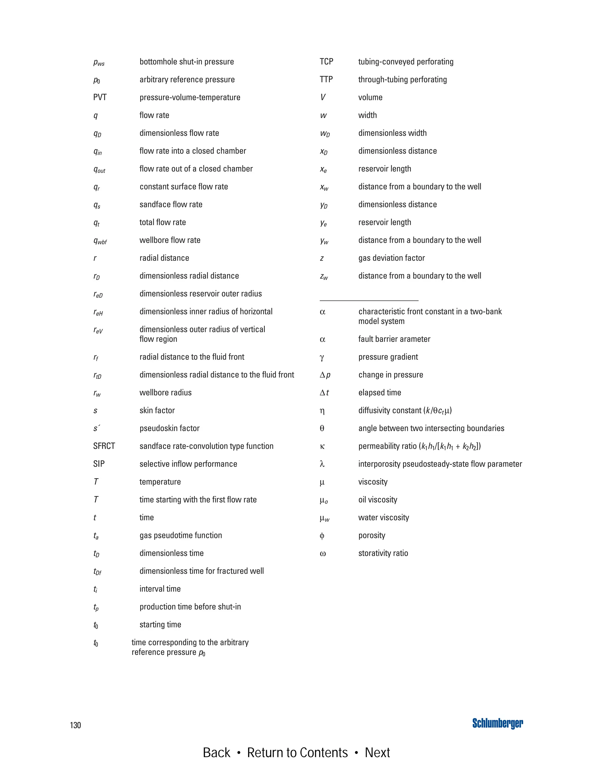 130
pws bottomhole shut-in pressure
p0 arbitrary reference pressure
PVT pressure-volume-temperature
q flow rate
qD dimensionless flow rate
qin flow rate into a closed chamber
qout flow rate out of a closed chamber
qr constant surface flow rate
qs sandface flow rate
qt total flow rate
qwbf wellbore flow rate
r radial distance
rD dimensionless radial distance
reD dimensionless reservoir outer radius
reH dimensionless inner radius of horizontal
reV dimensionless outer radius of vertical
flow region
rf radial distance to the fluid front
rtD dimensionless radial distance to the fluid front
rw wellbore radius
s skin factor
s´ pseudoskin factor
SFRCT sandface rate-convolution type function
SIP selective inflow performance
T temperature
T time starting with the first flow rate
t time
ta gas pseudotime function
tD dimensionless time
tDf dimensionless time for fractured well
ti interval time
tp production time before shut-in
t0 starting time
t0 time corresponding to the arbitrary
reference pressure p0
TCP tubing-conveyed perforating
TTP through-tubing perforating
V volume
w width
wD dimensionless width
xD dimensionless distance
xe reservoir length
xw distance from a boundary to the well
yD dimensionless distance
ye reservoir length
yw distance from a boundary to the well
z gas deviation factor
zw distance from a boundary to the well
α characteristic front constant in a two-bank
model system
α fault barrier arameter
γ pressure gradient
Δp change in pressure
Δt elapsed time
η diffusivity constant (k /θct μ)
θ angle between two intersecting boundaries
κ permeability ratio (k1h1/[k1h1 + k2h2])
λ interporosity pseudosteady-state flow parameter
μ viscosity
μo oil viscosity
μw water viscosity
φ porosity
ω storativity ratio
Back • Return to Contents • Next
 