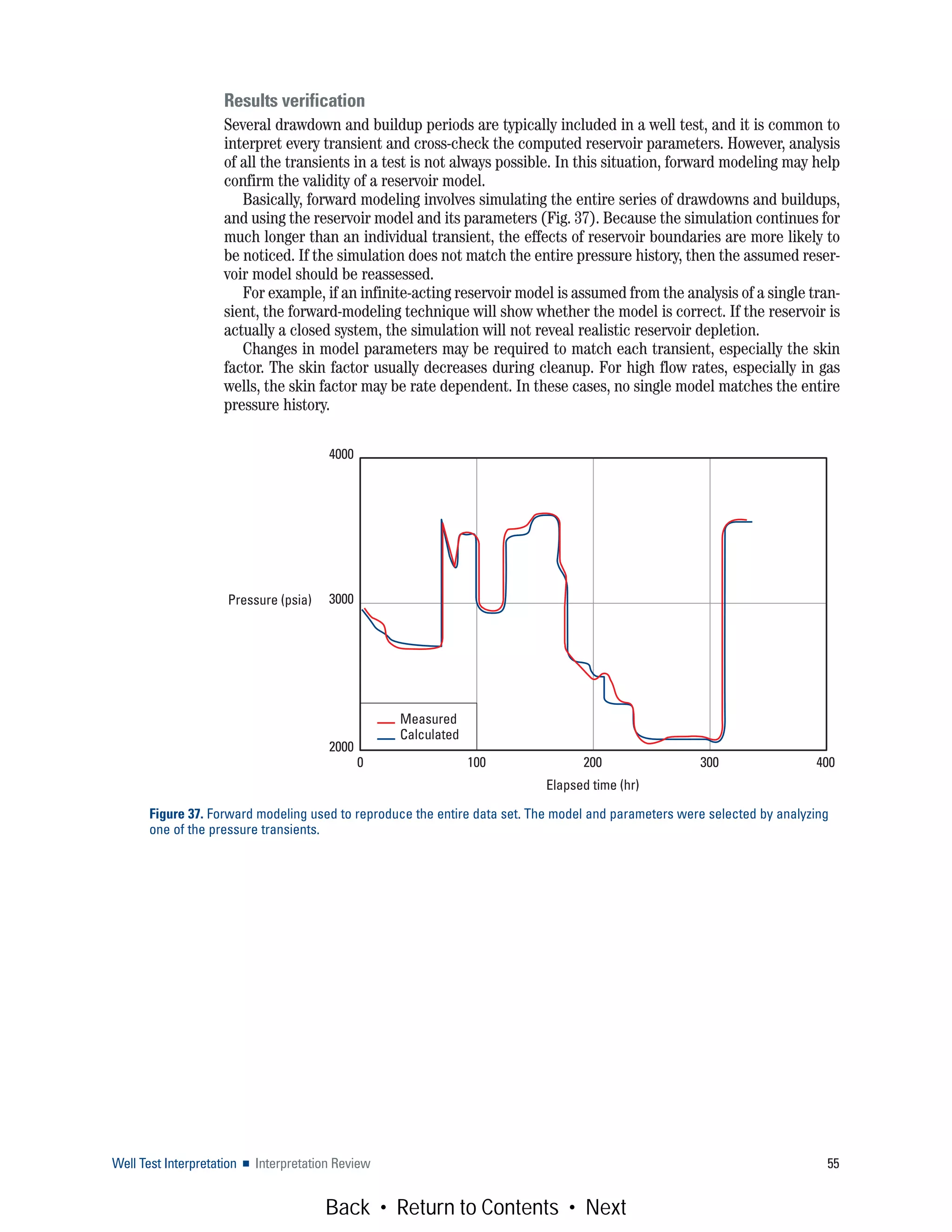 Results verification
Several drawdown and buildup periods are typically included in a well test, and it is common to
interpret every transient and cross-check the computed reservoir parameters. However, analysis
of all the transients in a test is not always possible. In this situation, forward modeling may help
confirm the validity of a reservoir model.
Basically, forward modeling involves simulating the entire series of drawdowns and buildups,
and using the reservoir model and its parameters (Fig. 37). Because the simulation continues for
much longer than an individual transient, the effects of reservoir boundaries are more likely to
be noticed. If the simulation does not match the entire pressure history, then the assumed reser-
voir model should be reassessed.
For example, if an infinite-acting reservoir model is assumed from the analysis of a single tran-
sient, the forward-modeling technique will show whether the model is correct. If the reservoir is
actually a closed system, the simulation will not reveal realistic reservoir depletion.
Changes in model parameters may be required to match each transient, especially the skin
factor. The skin factor usually decreases during cleanup. For high flow rates, especially in gas
wells, the skin factor may be rate dependent. In these cases, no single model matches the entire
pressure history.
Well Test Interpretation ■ Interpretation Review 55
Figure 37. Forward modeling used to reproduce the entire data set. The model and parameters were selected by analyzing
one of the pressure transients.
Elapsed time (hr)
0 100 200 300 400
4000
3000
2000
Measured
Calculated
Pressure (psia)
Back • Return to Contents • Next
 