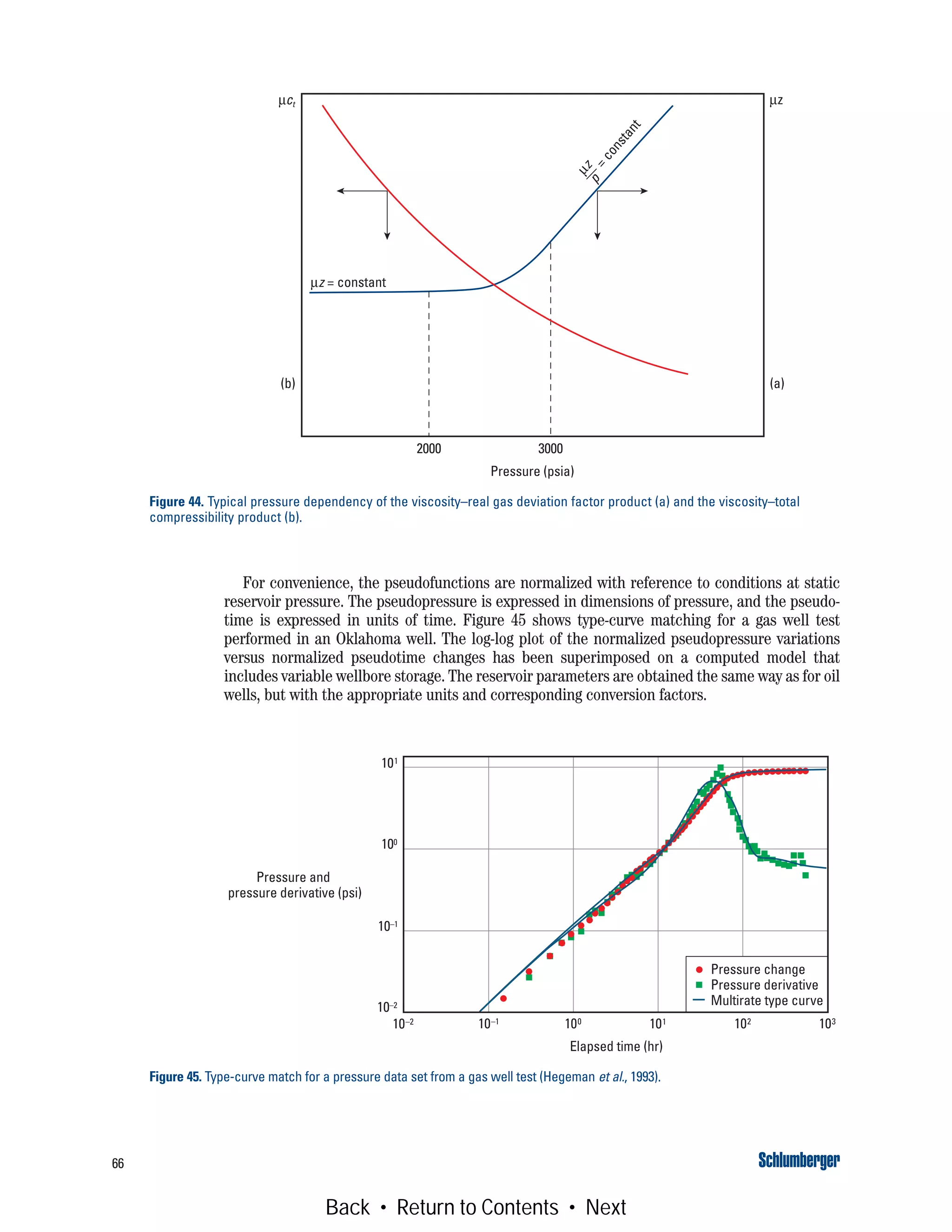66
For convenience, the pseudofunctions are normalized with reference to conditions at static
reservoir pressure. The pseudopressure is expressed in dimensions of pressure, and the pseudo-
time is expressed in units of time. Figure 45 shows type-curve matching for a gas well test
performed in an Oklahoma well. The log-log plot of the normalized pseudopressure variations
versus normalized pseudotime changes has been superimposed on a computed model that
includes variable wellbore storage. The reservoir parameters are obtained the same way as for oil
wells, but with the appropriate units and corresponding conversion factors.
Figure 44. Typical pressure dependency of the viscosity–real gas deviation factor product (a) and the viscosity–total
compressibility product (b).
Pressure (psia)
μz = constant
μct μz
(b) (a)
=constant
2000 3000
μzp
Figure 45. Type-curve match for a pressure data set from a gas well test (Hegeman et al., 1993).
Pressure change
Pressure derivative
Multirate type curve
Elapsed time (hr)
Pressure and
pressure derivative (psi)
100
101
10–1
10–2
10–2 10–1 100 101 102 103
Back • Return to Contents • Next
 