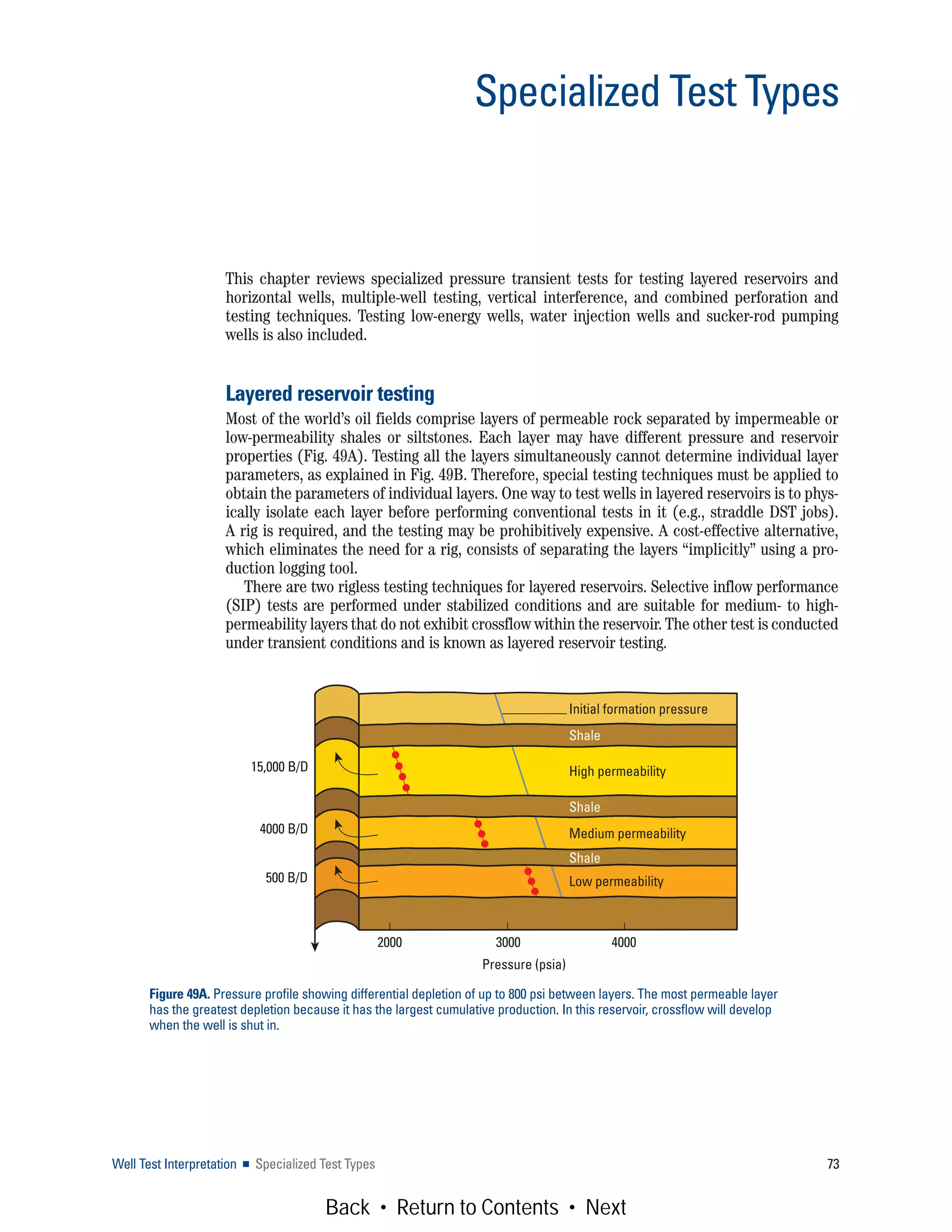 This chapter reviews specialized pressure transient tests for testing layered reservoirs and
horizontal wells, multiple-well testing, vertical interference, and combined perforation and
testing techniques. Testing low-energy wells, water injection wells and sucker-rod pumping
wells is also included.
Layered reservoir testing
Most of the world’s oil fields comprise layers of permeable rock separated by impermeable or
low-permeability shales or siltstones. Each layer may have different pressure and reservoir
properties (Fig. 49A). Testing all the layers simultaneously cannot determine individual layer
parameters, as explained in Fig. 49B. Therefore, special testing techniques must be applied to
obtain the parameters of individual layers. One way to test wells in layered reservoirs is to phys-
ically isolate each layer before performing conventional tests in it (e.g., straddle DST jobs).
A rig is required, and the testing may be prohibitively expensive. A cost-effective alternative,
which eliminates the need for a rig, consists of separating the layers “implicitly” using a pro-
duction logging tool.
There are two rigless testing techniques for layered reservoirs. Selective inflow performance
(SIP) tests are performed under stabilized conditions and are suitable for medium- to high-
permeability layers that do not exhibit crossflow within the reservoir. The other test is conducted
under transient conditions and is known as layered reservoir testing.
Well Test Interpretation ■ Specialized Test Types 73
Specialized Test Types
Figure 49A. Pressure profile showing differential depletion of up to 800 psi between layers. The most permeable layer
has the greatest depletion because it has the largest cumulative production. In this reservoir, crossflow will develop
when the well is shut in.
2000 3000 4000
Initial formation pressure
Shale
High permeability
Shale
Medium permeability
Shale
Low permeability
Pressure (psia)
15,000 B/D
4000 B/D
500 B/D
Back • Return to Contents • Next
 