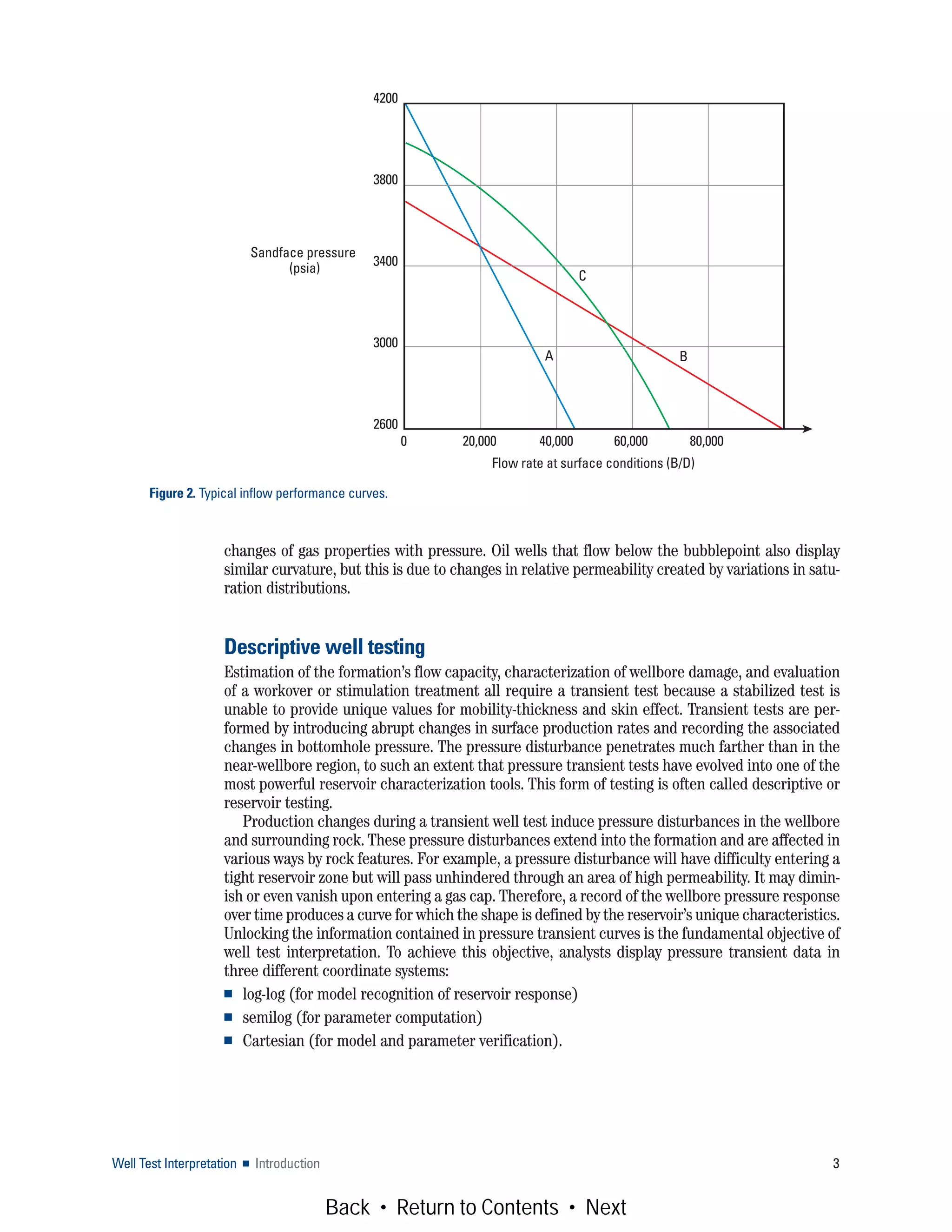 Well Test Interpretation ■ Introduction 3
changes of gas properties with pressure. Oil wells that flow below the bubblepoint also display
similar curvature, but this is due to changes in relative permeability created by variations in satu-
ration distributions.
Descriptive well testing
Estimation of the formation’s flow capacity, characterization of wellbore damage, and evaluation
of a workover or stimulation treatment all require a transient test because a stabilized test is
unable to provide unique values for mobility-thickness and skin effect. Transient tests are per-
formed by introducing abrupt changes in surface production rates and recording the associated
changes in bottomhole pressure. The pressure disturbance penetrates much farther than in the
near-wellbore region, to such an extent that pressure transient tests have evolved into one of the
most powerful reservoir characterization tools. This form of testing is often called descriptive or
reservoir testing.
Production changes during a transient well test induce pressure disturbances in the wellbore
and surrounding rock. These pressure disturbances extend into the formation and are affected in
various ways by rock features. For example, a pressure disturbance will have difficulty entering a
tight reservoir zone but will pass unhindered through an area of high permeability. It may dimin-
ish or even vanish upon entering a gas cap. Therefore, a record of the wellbore pressure response
over time produces a curve for which the shape is defined by the reservoir’s unique characteristics.
Unlocking the information contained in pressure transient curves is the fundamental objective of
well test interpretation. To achieve this objective, analysts display pressure transient data in
three different coordinate systems:
■ log-log (for model recognition of reservoir response)
■ semilog (for parameter computation)
■ Cartesian (for model and parameter verification).
Figure 2. Typical inflow performance curves.
C
BA
Flow rate at surface conditions (B/D)
Sandface pressure
(psia)
0 20,000 40,000 60,000 80,000
4200
3800
3400
3000
2600
Back • Return to Contents • Next
 