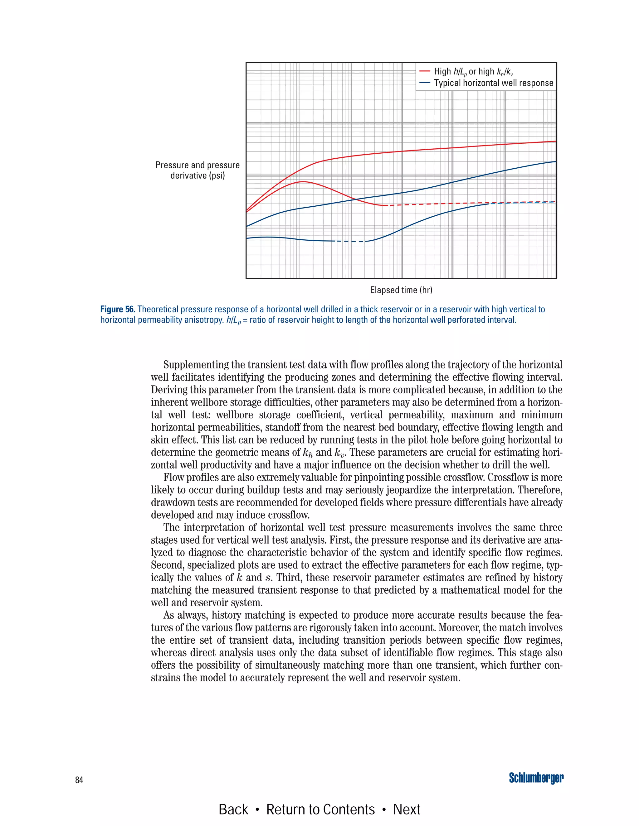 84
Supplementing the transient test data with flow profiles along the trajectory of the horizontal
well facilitates identifying the producing zones and determining the effective flowing interval.
Deriving this parameter from the transient data is more complicated because, in addition to the
inherent wellbore storage difficulties, other parameters may also be determined from a horizon-
tal well test: wellbore storage coefficient, vertical permeability, maximum and minimum
horizontal permeabilities, standoff from the nearest bed boundary, effective flowing length and
skin effect. This list can be reduced by running tests in the pilot hole before going horizontal to
determine the geometric means of kh and kv. These parameters are crucial for estimating hori-
zontal well productivity and have a major influence on the decision whether to drill the well.
Flow profiles are also extremely valuable for pinpointing possible crossflow. Crossflow is more
likely to occur during buildup tests and may seriously jeopardize the interpretation. Therefore,
drawdown tests are recommended for developed fields where pressure differentials have already
developed and may induce crossflow.
The interpretation of horizontal well test pressure measurements involves the same three
stages used for vertical well test analysis. First, the pressure response and its derivative are ana-
lyzed to diagnose the characteristic behavior of the system and identify specific flow regimes.
Second, specialized plots are used to extract the effective parameters for each flow regime, typ-
ically the values of k and s. Third, these reservoir parameter estimates are refined by history
matching the measured transient response to that predicted by a mathematical model for the
well and reservoir system.
As always, history matching is expected to produce more accurate results because the fea-
tures of the various flow patterns are rigorously taken into account. Moreover, the match involves
the entire set of transient data, including transition periods between specific flow regimes,
whereas direct analysis uses only the data subset of identifiable flow regimes. This stage also
offers the possibility of simultaneously matching more than one transient, which further con-
strains the model to accurately represent the well and reservoir system.
Figure 56. Theoretical pressure response of a horizontal well drilled in a thick reservoir or in a reservoir with high vertical to
horizontal permeability anisotropy. h/Lp = ratio of reservoir height to length of the horizontal well perforated interval.
Elapsed time (hr)
Pressure and pressure
derivative (psi)
High h/Lp or high kh/kv
Typical horizontal well response
Back • Return to Contents • Next
 