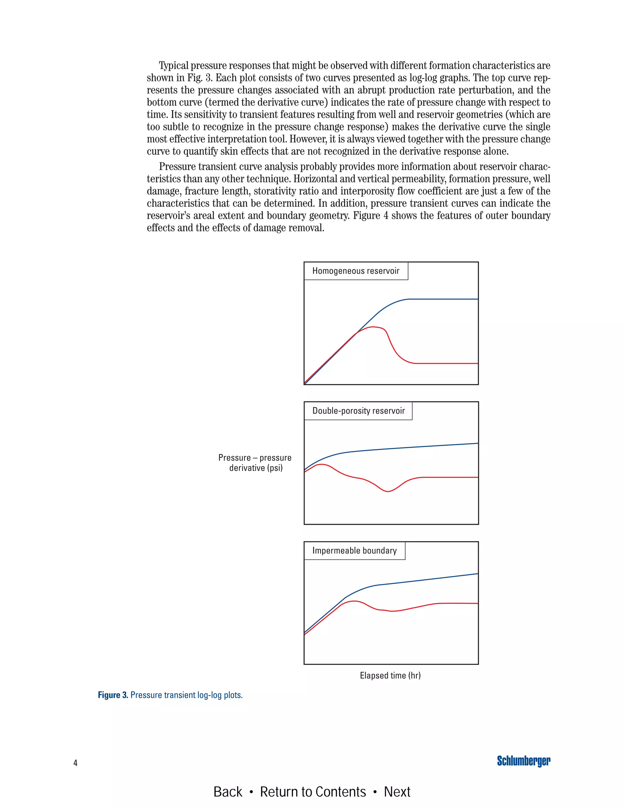 4
Typical pressure responses that might be observed with different formation characteristics are
shown in Fig. 3. Each plot consists of two curves presented as log-log graphs. The top curve rep-
resents the pressure changes associated with an abrupt production rate perturbation, and the
bottom curve (termed the derivative curve) indicates the rate of pressure change with respect to
time. Its sensitivity to transient features resulting from well and reservoir geometries (which are
too subtle to recognize in the pressure change response) makes the derivative curve the single
most effective interpretation tool. However, it is always viewed together with the pressure change
curve to quantify skin effects that are not recognized in the derivative response alone.
Pressure transient curve analysis probably provides more information about reservoir charac-
teristics than any other technique. Horizontal and vertical permeability, formation pressure, well
damage, fracture length, storativity ratio and interporosity flow coefficient are just a few of the
characteristics that can be determined. In addition, pressure transient curves can indicate the
reservoir’s areal extent and boundary geometry. Figure 4 shows the features of outer boundary
effects and the effects of damage removal.
Figure 3. Pressure transient log-log plots.
Homogeneous reservoir
Double-porosity reservoir
Impermeable boundary
Elapsed time (hr)
Pressure – pressure–
derivative (psi)
Back • Return to Contents • Next
 
