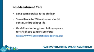 • Long-term survival rates are high
• Surveillance for Wilms tumor should
continue throughout life
• Guidelines for long-term follow-up care
for childhood cancer survivors:
http://www.survivorshipguidelines.org
WILMS TUMOR IN WAGR SYNDROME
Post-treatment Care
 