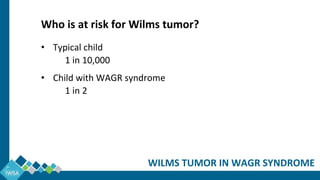 • Typical child
1 in 10,000
• Child with WAGR syndrome
1 in 2
WILMS TUMOR IN WAGR SYNDROME
Who is at risk for Wilms tumor?
 
