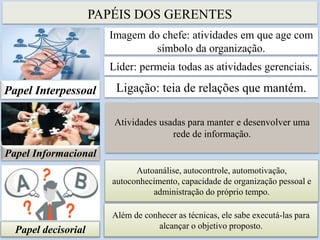 PAPÉIS DOS GERENTES
7
Imagem do chefe: atividades em que age com
símbolo da organização.
Papel Interpessoal
Líder: permeia todas as atividades gerenciais.
Ligação: teia de relações que mantém.
Papel Informacional
Autoanálise, autocontrole, automotivação,
autoconhecimento, capacidade de organização pessoal e
administração do próprio tempo.
Além de conhecer as técnicas, ele sabe executá-las para
alcançar o objetivo proposto.
Atividades usadas para manter e desenvolver uma
rede de informação.
Papel decisorial
 