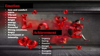 Emotion
Achievement
• Urgency
• Daring
• Passion
• Danger
• Style
• Energetic
• Romance
• love and comfort
• warm
• Vibrant
• Intense
• Bright
• energy
• Strong
• Powerful
• Strong emotions.
• Angry
• Excitement or
intensity.
 
