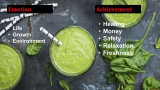 Emotion Achievement
• Healing
• Money
• Safety
• Relaxation
• Freshness
• Life
• Growth
• Environment
 