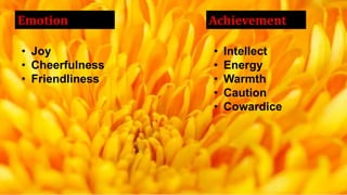 Emotion Achievement
• Intellect
• Energy
• Warmth
• Caution
• Cowardice
• Joy
• Cheerfulness
• Friendliness
 