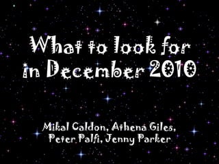 What to look for in December 2010 MikalCaldon, Athena Giles, Peter Palfi, Jenny Parker 