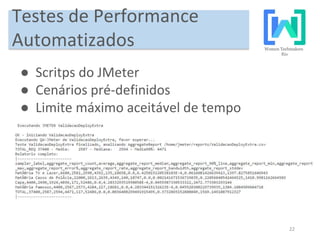 22
Testes de Performance
Automatizados
● Scritps do JMeter
● Cenários pré-definidos
● Limite máximo aceitável de tempo
 