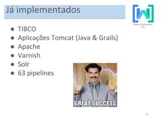 27
Já implementados
● TIBCO
● Aplicações Tomcat (Java & Grails)
● Apache
● Varnish
● Solr
● 63 pipelines
 