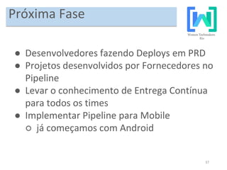 37
Próxima Fase
● Desenvolvedores fazendo Deploys em PRD
● Projetos desenvolvidos por Fornecedores no
Pipeline
● Levar o conhecimento de Entrega Contínua
para todos os times
● Implementar Pipeline para Mobile
○ já começamos com Android
 