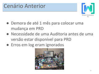 8
Cenário Anterior
● Demora de até 1 mês para colocar uma
mudança em PRD
● Necessidade de uma Auditoria antes de uma
versão estar disponível para PRD
● Erros em log eram ignorados
 
