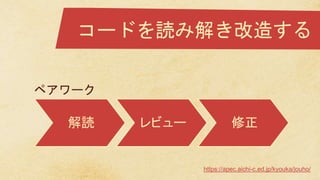 コードを読み解き改造する
ペアワーク
解読 レビュー 修正
https://apec.aichi-c.ed.jp/kyouka/jouho/
 
