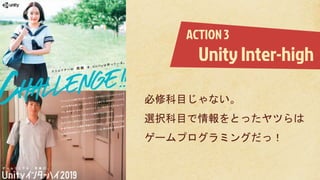 ACTION 3
必修科目じゃない。
選択科目で情報をとったヤツらは
ゲームプログラミングだっ！
Unity Inter-high
 