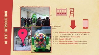 Self Introduction
1. ~1992 Computer engineer
● CAD/CAM software (C language)
2. 1995~ Freelance
● Programming
● Localization, technical translation
● Teaching assistant at a university (C language)
● Part- time teacher at high school (Math)
3. 2016~ High school teacher
● Computer science
01SELFINTRODUCTION
1. 2010 Android & iOS apps as a hobby programmer
● はかるだけダイエット / じかんわり etc.
2. 2010~ Attended a lot of dev events
3. 2012 Google I/O in S.F.
4. 2013 Women Techmakers Kyoto as a speaker
5. 2014 Women Techmakers Kyoto as a speaker
 