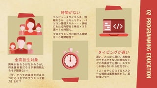 02PROGRAMMINGEDUCATION
時間がない
コンピュータサイエンス、情
報モラル、セキュリティ、パ
ソコン基礎スキル・・・多岐
にわたる内容を２単位×３５
週＝７０時間で。
プログラミングに割ける時間
は１０時間程度？
興味があろうがなかろうが、
将来技術者だろうが事務職だ
ろうが関係ない！
『今、すべての高校生が身に
つけるべきプログラミング能
力』とは？
全高校生対象
遅い。とにかく遅い。お勉強
ができるできないに関係なく、
どこの高校でも遅い。スマホ
しか触らないから仕方ない。
１人１台ＰＣのＧＩＧＡスク
ール構想は義務教育から。高
校はいつ？
タイピングが遅い
 
