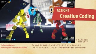 ACTION 1
Perfumeのダンスのモーションキャプチャデータやサンプルコードを
ファン・クリエイター・プログラミング学習者向けに提供（processing他）
Perfume-global.com
Perfume global site project#001~#003
Creative Coding
※ 導入時に生徒に
紹介するサイト
 