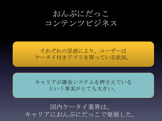 おんぶにだっこ
   コンテンツビジネス


  それぞれの思惑により、ユーザーは
 ケータイ付きアプリを買っている状況。



 キャリアが課金システムを押さえている
    という事実がとても大きい。


    国内ケータイ業界は、
キャリアにおんぶにだっこで発展した。
 