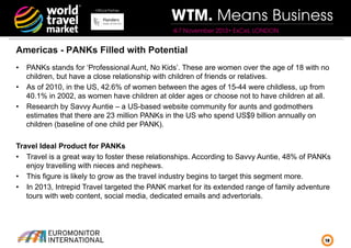 Official Partner

WTM. Means Business
4-7 November 2013• ExCeL LONDON

Americas - PANKs Filled with Potential
•  PANKs stands for ‘Professional Aunt, No Kids’. These are women over the age of 18 with no
children, but have a close relationship with children of friends or relatives.
•  As of 2010, in the US, 42.6% of women between the ages of 15-44 were childless, up from
40.1% in 2002, as women have children at older ages or choose not to have children at all.
•  Research by Savvy Auntie – a US-based website community for aunts and godmothers
estimates that there are 23 million PANKs in the US who spend US$9 billion annually on
children (baseline of one child per PANK).
Travel Ideal Product for PANKs
•  Travel is a great way to foster these relationships. According to Savvy Auntie, 48% of PANKs
enjoy travelling with nieces and nephews.
•  This figure is likely to grow as the travel industry begins to target this segment more.
•  In 2013, Intrepid Travel targeted the PANK market for its extended range of family adventure
tours with web content, social media, dedicated emails and advertorials.

12

 