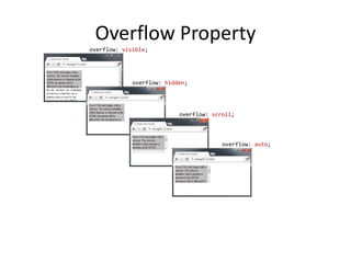 Overflow Property
overflow: visible;
overflow: hidden;
overflow: scroll;
overflow: auto;
 