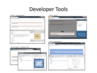 Developer Tools
Chrome – Inspect Element Firefox – Inspect
Internet Explorer – Developer Tools
Opera – Inspect Element
 