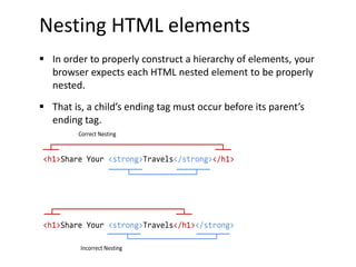 Nesting HTML elements
 In order to properly construct a hierarchy of elements, your
browser expects each HTML nested element to be properly
nested.
 That is, a child’s ending tag must occur before its parent’s
ending tag.
<h1>Share Your <strong>Travels</strong></h1>
<h1>Share Your <strong>Travels</h1></strong>
Correct Nesting
Incorrect Nesting
 