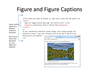 Figure and Figure Captions
<p>This photo was taken on October 22, 2011 with a Canon EOS 30D camera.</p>
<figure>
<img src="images/central-park.jpg" alt="Central Park" /><br/>
<figcaption>Conservatory Pond in Central Park</figcaption>
</figure>
<p>
It was a wonderfully beautiful autumn Sunday, with strong sunlight and
expressive clouds. I was very fortunate that my one day in New York was
blessed with such weather!
</p>
Figure could be
moved to a
different
location in
document
…
But it has to
exist in the
document
(i.e., the
figure isn’t
optional)
 
