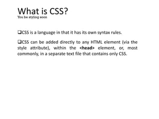 What is CSS?
CSS is a language in that it has its own syntax rules.
CSS can be added directly to any HTML element (via the
style attribute), within the <head> element, or, most
commonly, in a separate text file that contains only CSS.
You be styling soon
 